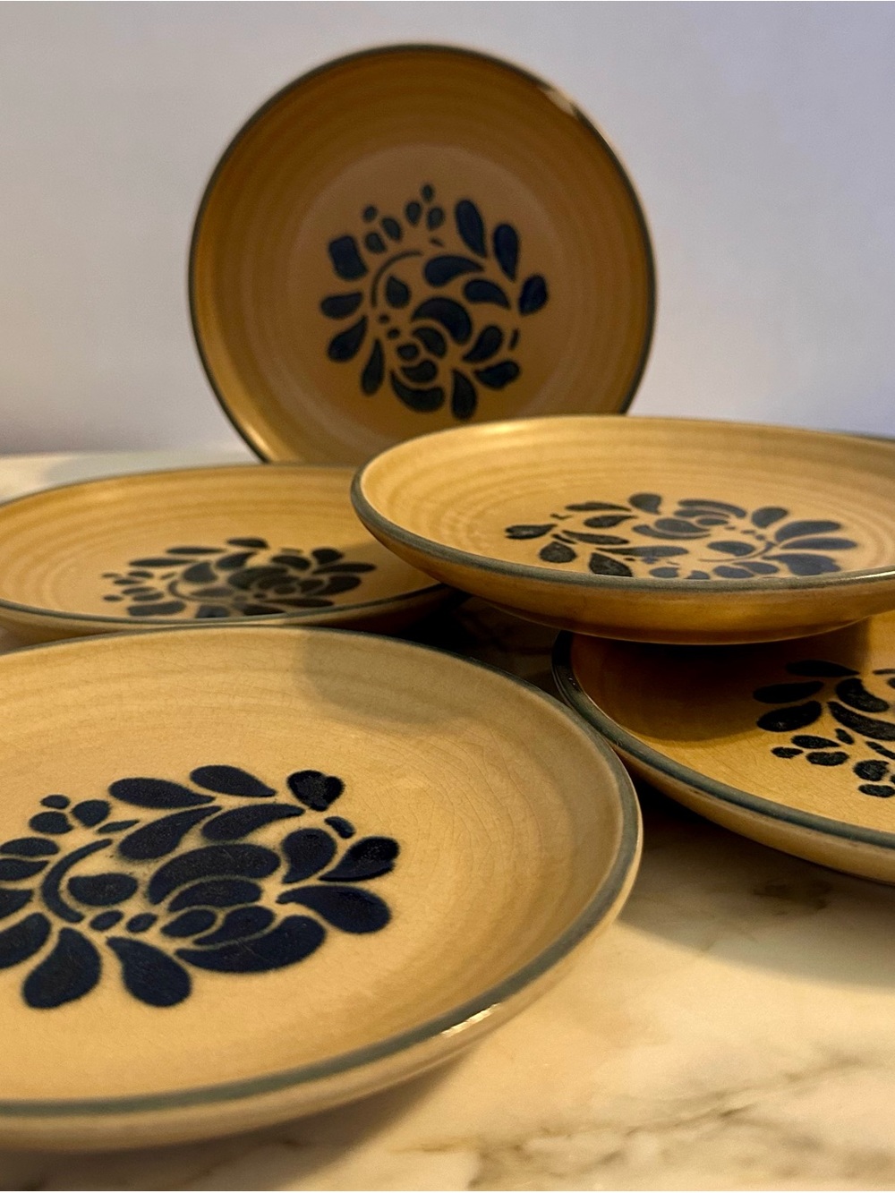 Pfaltzgraff Folk Art Salad Plates with Navy Floral Design